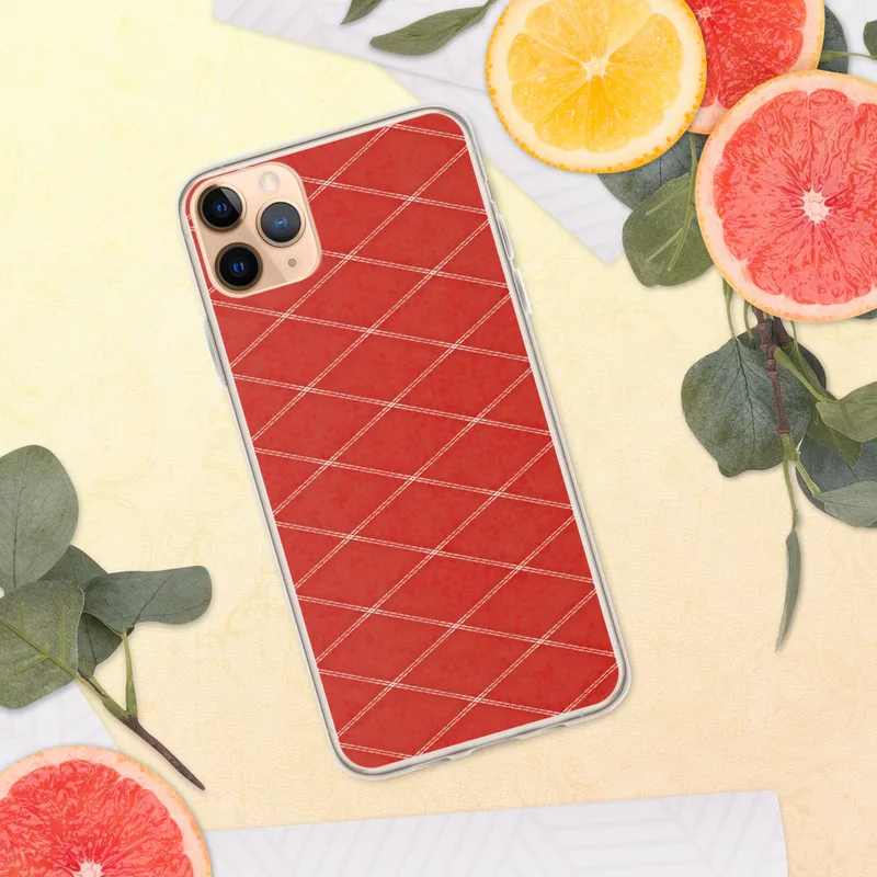 Red Diamond Quilted Pattern Clear Case for iPhone — repeating diamond grid pattern with cream double-stitch lines on a rich