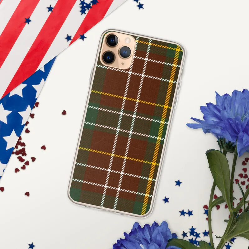 Highland Tartan Clear Case for iPhone — classic Scottish tartan plaid with deep crimson red and forest green blocks crossed