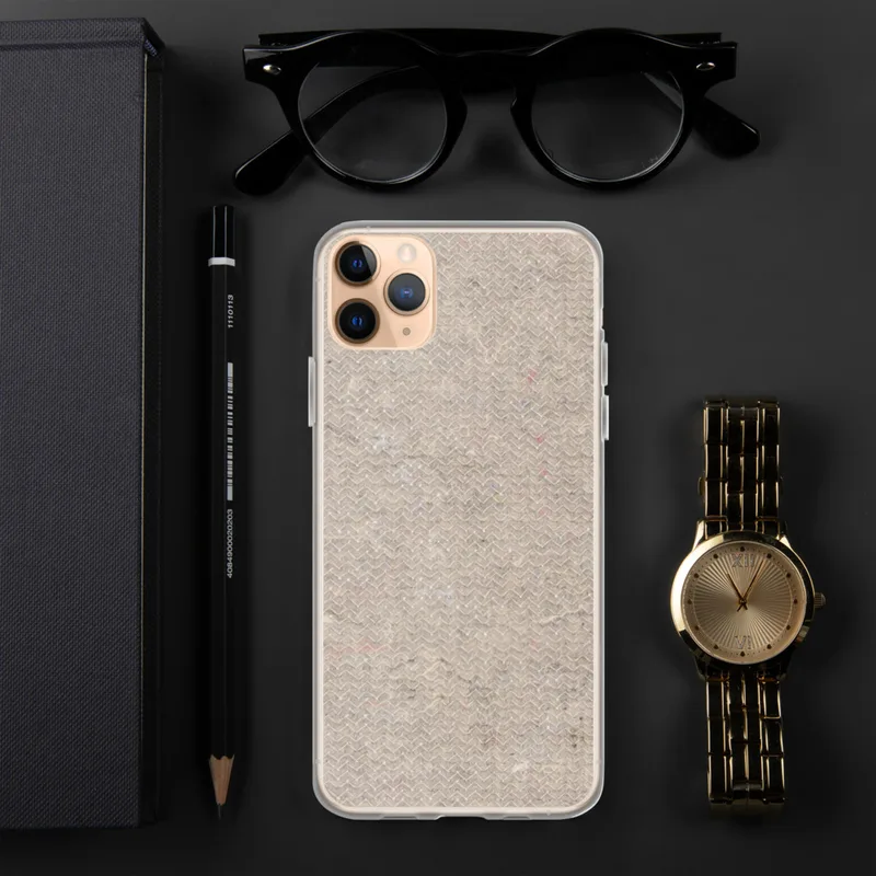 Raw Earth Texture Clear Case for iPhone — seamless herringbone pattern in warm taupe and greige tones with scattered color