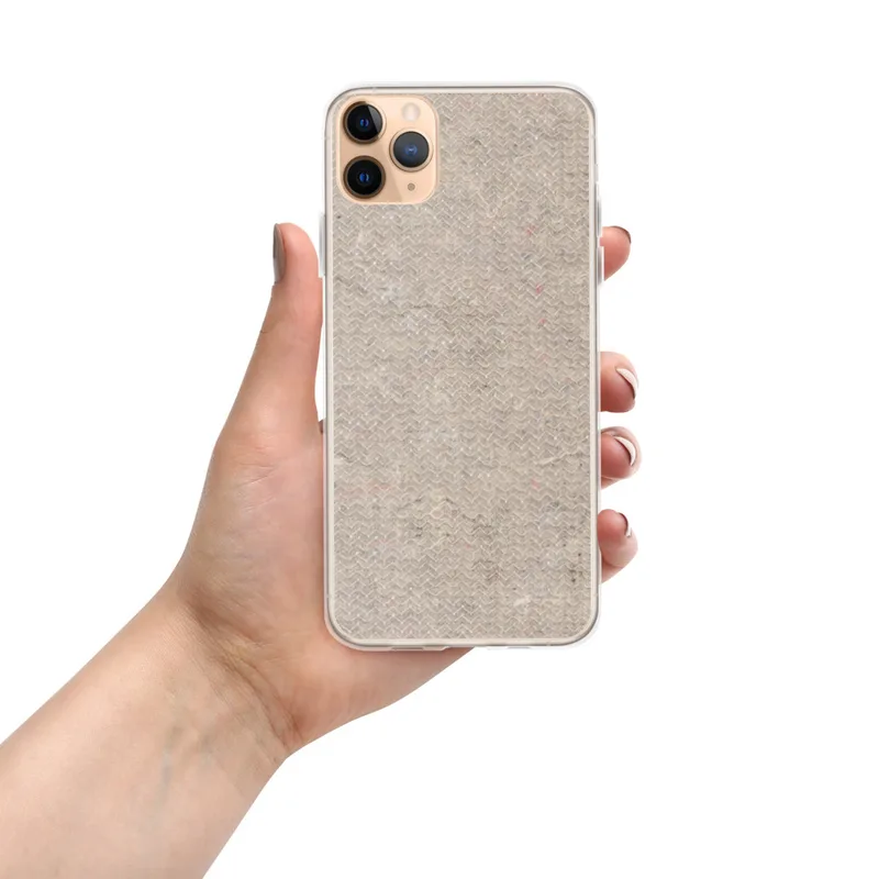 Raw Earth Texture Clear Case for iPhone — seamless herringbone pattern in warm taupe and greige tones with scattered color
