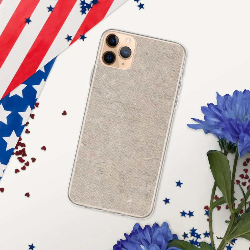 Raw Earth Texture Clear Case for iPhone — seamless herringbone pattern in warm taupe and greige tones with scattered color