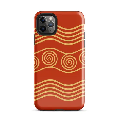 gold concentric spirals and undulating wave bands on a deep crimson red background in an ancient ornamental style on Glossy Golden Waves Ancient Spiral Case - default view