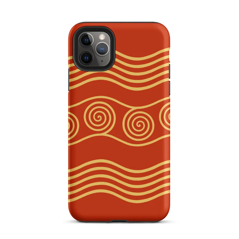 Matte Golden Waves Ancient Spiral Tough Case for iPhone — gold concentric spirals and undulating wave bands on a deep