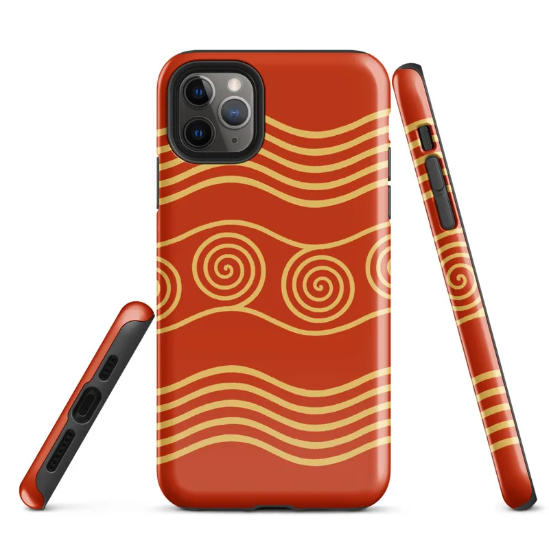 Glossy Golden Waves Ancient Spiral Tough Case for iPhone — gold concentric spirals and undulating wave bands on a deep