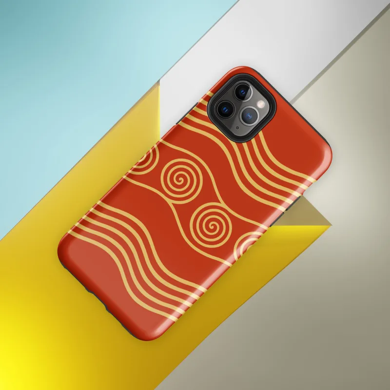 Glossy Golden Waves Ancient Spiral Tough Case for iPhone — gold concentric spirals and undulating wave bands on a deep