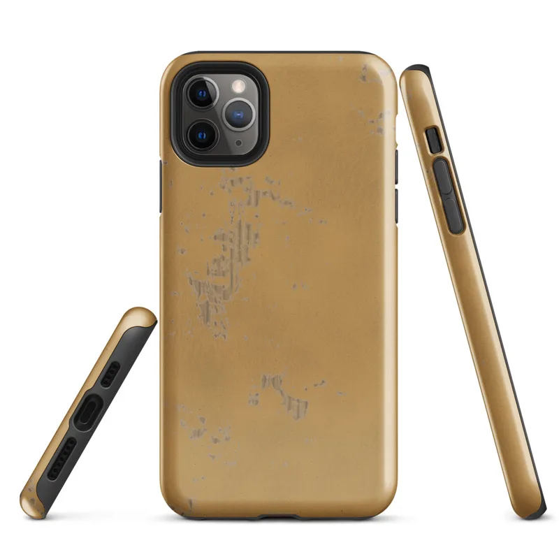 Glossy Aged Gold Weathered Patina Tough Case for iPhone — distressed golden-amber surface with flaking silver-grey patina