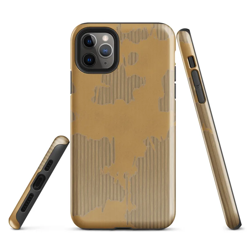 Glossy Worn Cardboard Texture Tough Case for iPhone — peeling kraft paper revealing corrugated cardboard fluting beneath