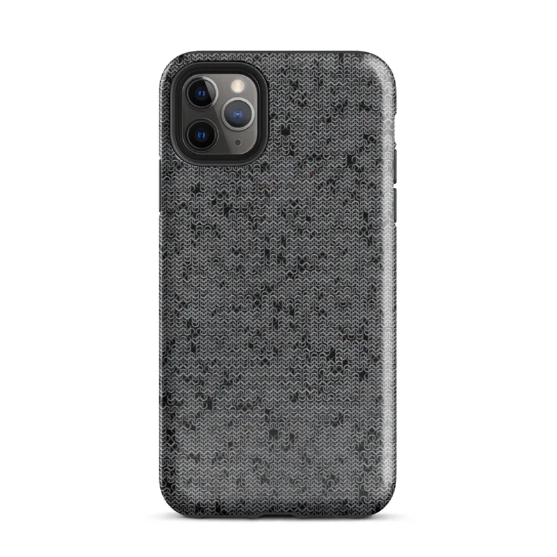 Glossy Dark Chain Mail Armor Tough Case for iPhone — close-up seamless chain mail pattern in dark charcoal and gunmetal
