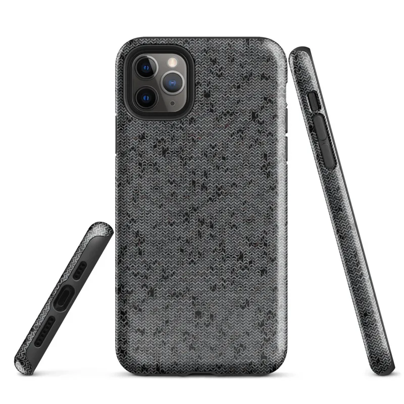 Glossy Dark Chain Mail Armor Tough Case for iPhone — close-up seamless chain mail pattern in dark charcoal and gunmetal