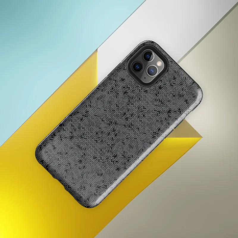 Glossy Dark Chain Mail Armor Tough Case for iPhone — close-up seamless chain mail pattern in dark charcoal and gunmetal