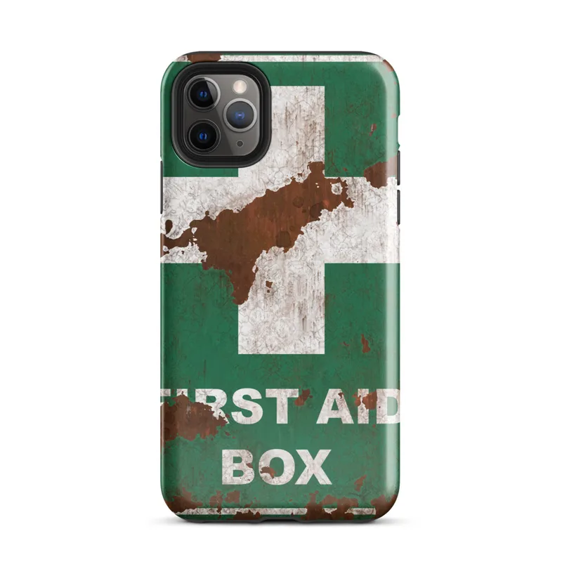 Glossy Rusted First Aid Survivor Tough Case for iPhone — weathered green first aid box sign with white cross, heavy rust