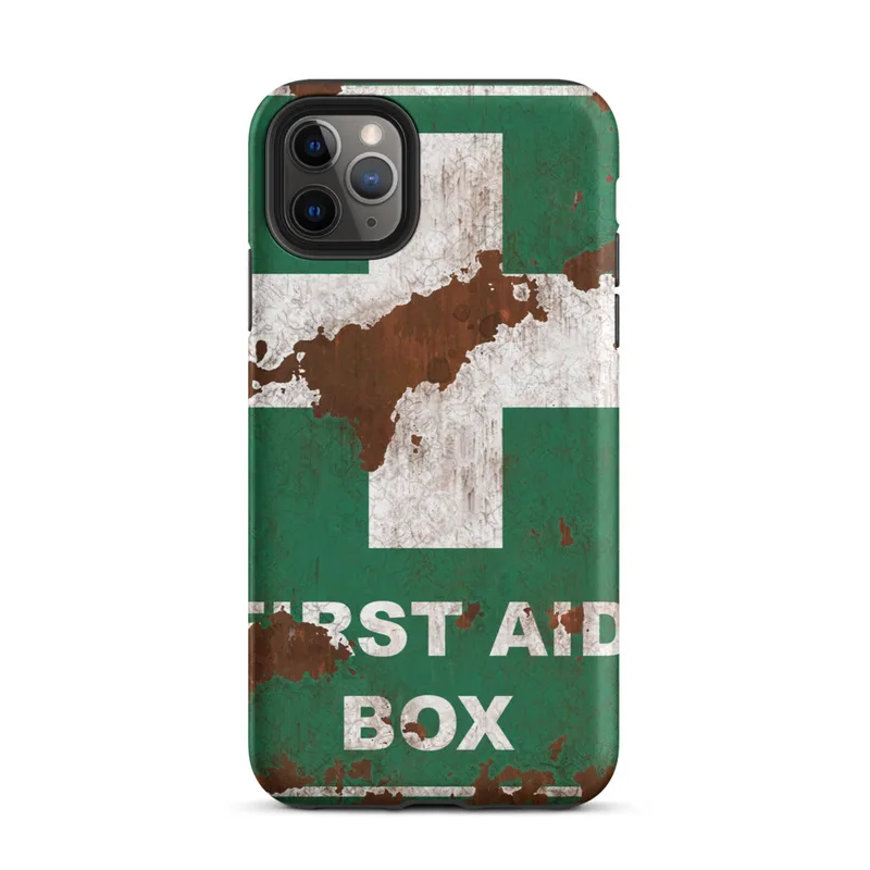 Matte Rusted First Aid Survivor Tough Case for iPhone — weathered green first aid box sign with white cross, heavy rust