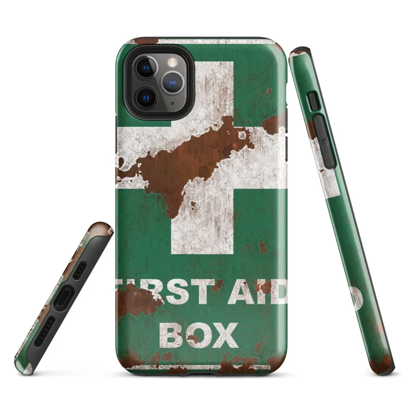 Glossy Rusted First Aid Survivor Tough Case for iPhone — weathered green first aid box sign with white cross, heavy rust