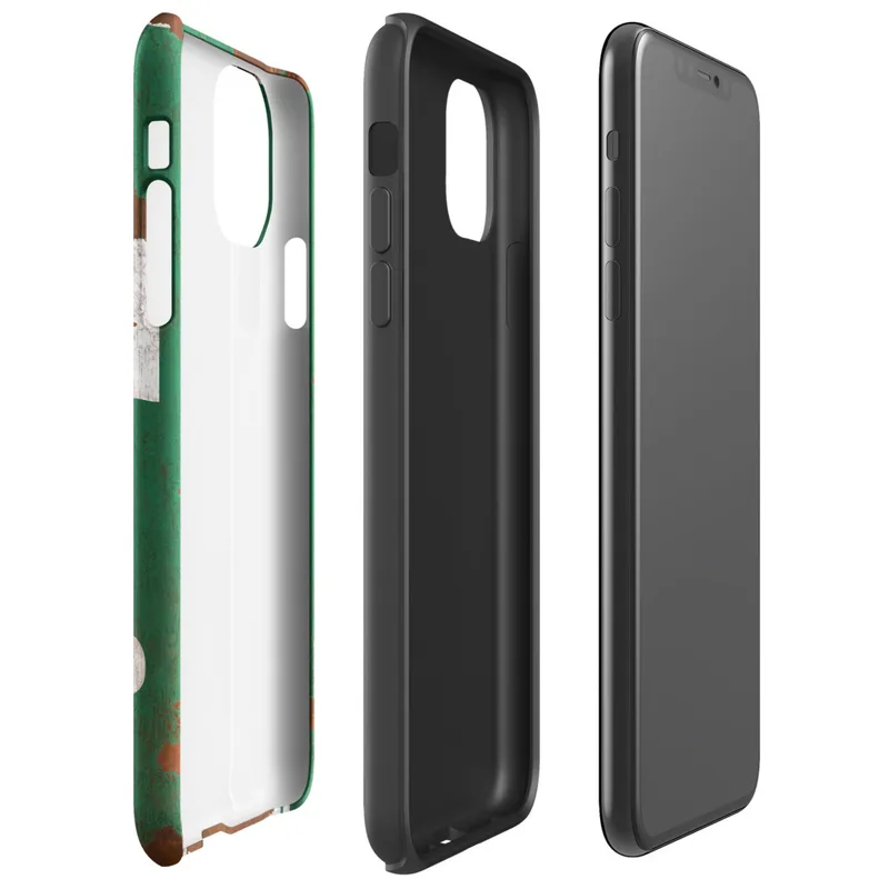 Glossy Rusted First Aid Survivor Tough Case for iPhone — weathered green first aid box sign with white cross, heavy rust