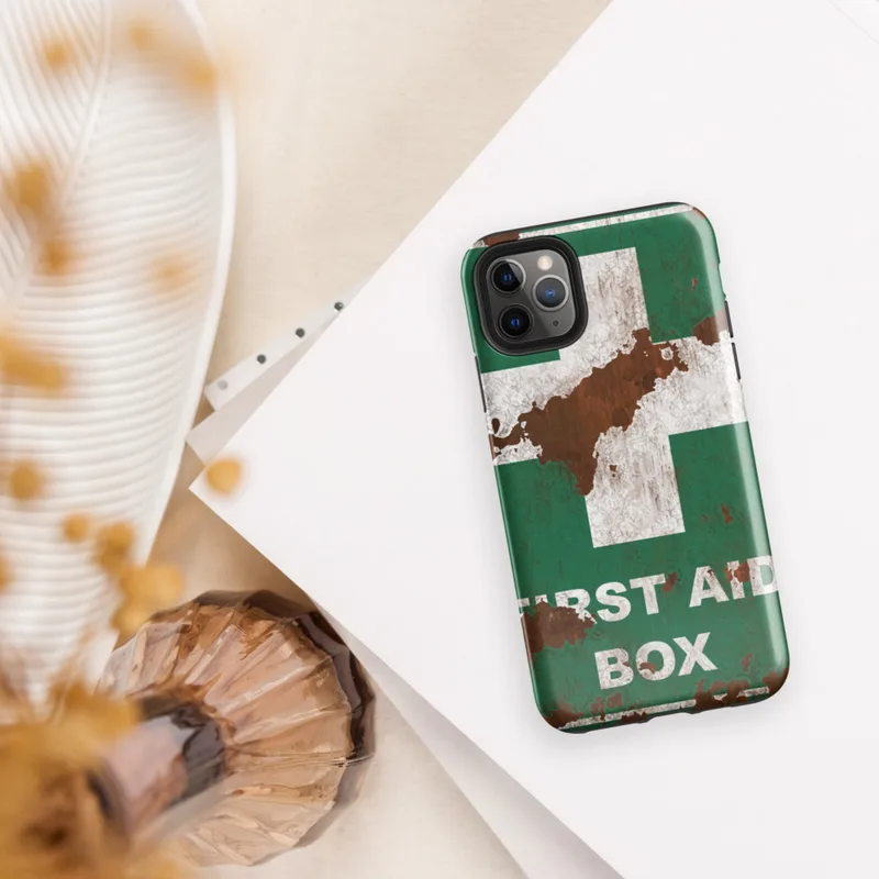 Glossy Rusted First Aid Survivor Tough Case for iPhone — weathered green first aid box sign with white cross, heavy rust