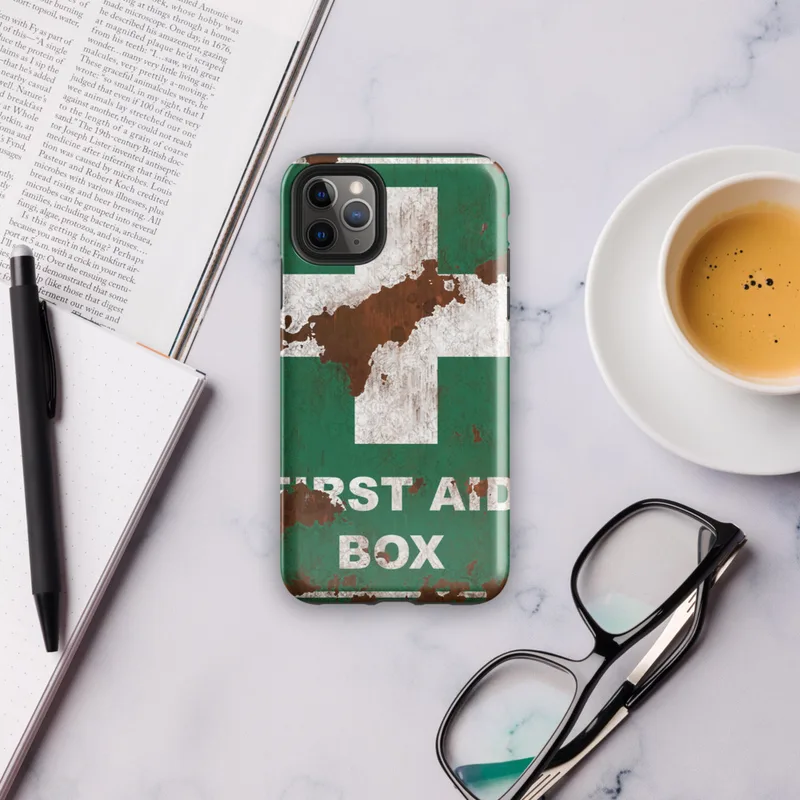 Glossy Rusted First Aid Survivor Tough Case for iPhone — weathered green first aid box sign with white cross, heavy rust