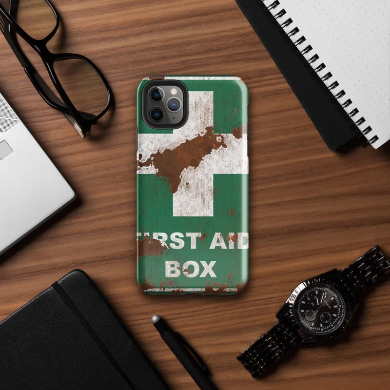 Glossy Rusted First Aid Survivor Tough Case for iPhone — weathered green first aid box sign with white cross, heavy rust