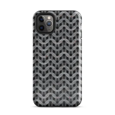 seamless chain mail weave pattern in weathered steel grey with rust spots and interlocking curved metal rings on a black background on Glossy Iron Weave Chain Mail Case - default view