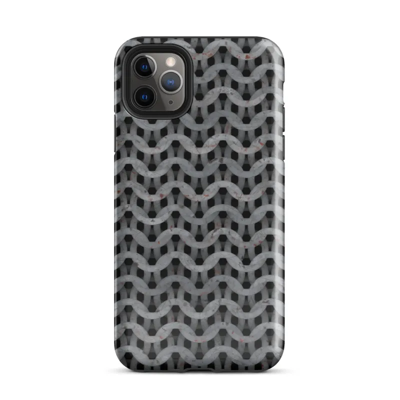 Glossy Iron Weave Chain Mail Tough Case for iPhone — seamless chain mail weave pattern in weathered steel grey with rust
