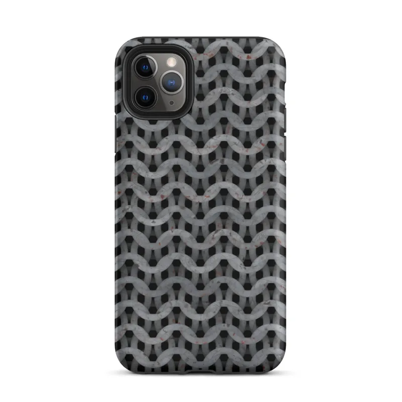 Matte Iron Weave Chain Mail Tough Case for iPhone — seamless chain mail weave pattern in weathered steel grey with rust