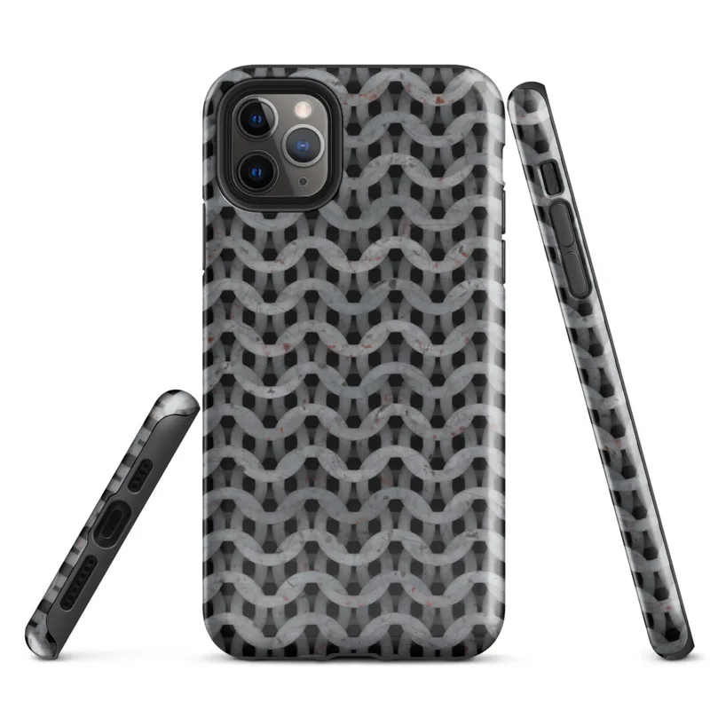 Glossy Iron Weave Chain Mail Tough Case for iPhone — seamless chain mail weave pattern in weathered steel grey with rust