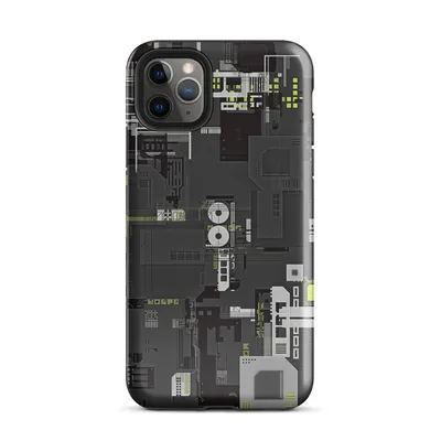 top-down industrial blueprint with dense mechanical panels, circuit traces, and acid-green glowing accents on dark charcoal on Glossy Circuit City Tough Case - default view
