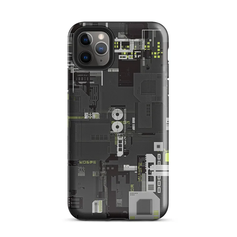 Glossy Circuit City Tough Case for iPhone — top-down industrial blueprint with dense mechanical panels, circuit traces