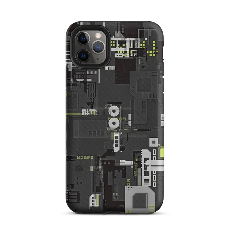 Matte Circuit City Tough Case for iPhone — top-down industrial blueprint with dense mechanical panels, circuit traces