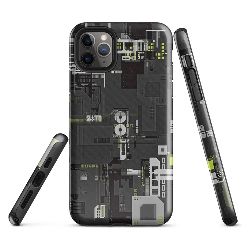 Glossy Circuit City Tough Case for iPhone — top-down industrial blueprint with dense mechanical panels, circuit traces
