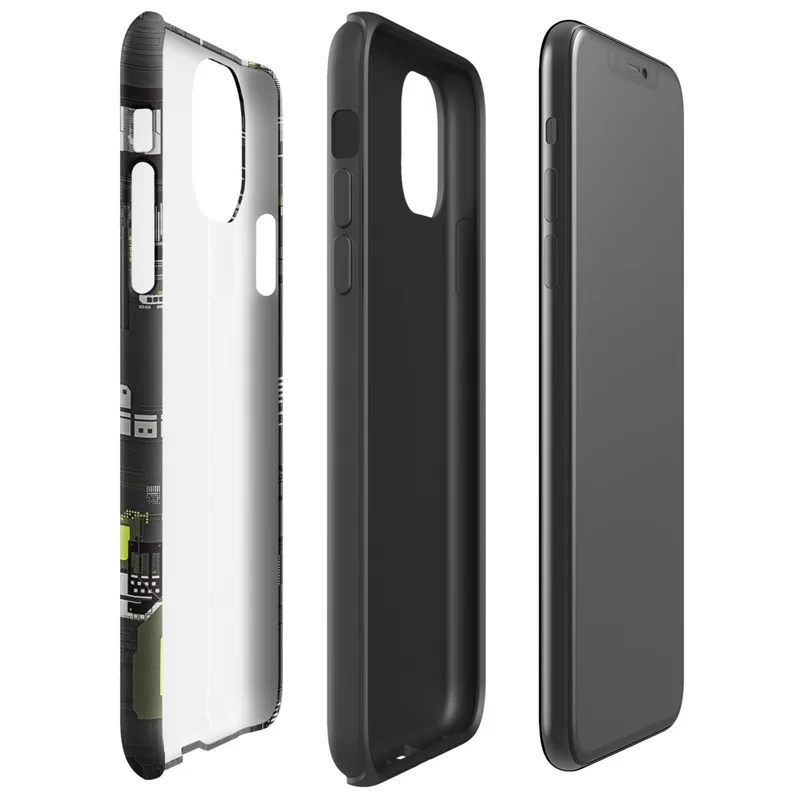 Glossy Circuit City Tough Case for iPhone — top-down industrial blueprint with dense mechanical panels, circuit traces