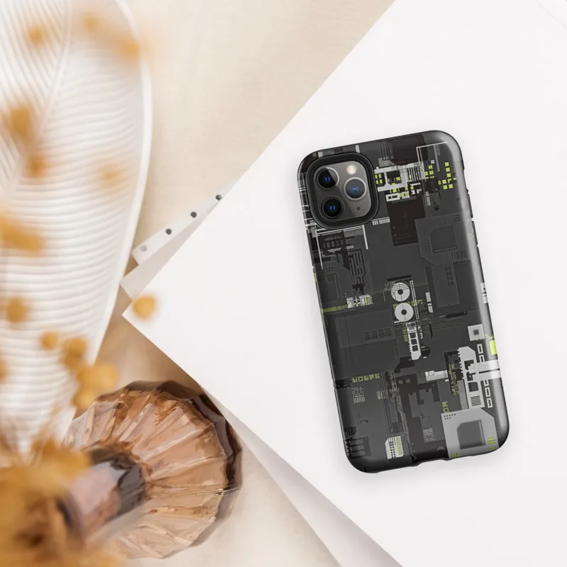 Glossy Circuit City Tough Case for iPhone — top-down industrial blueprint with dense mechanical panels, circuit traces