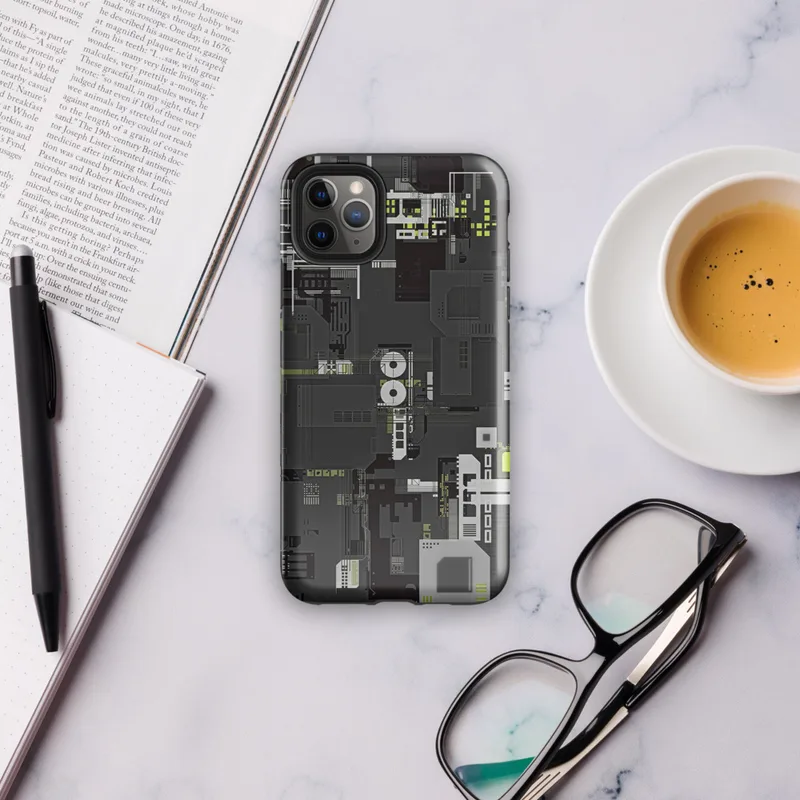 Glossy Circuit City Tough Case for iPhone — top-down industrial blueprint with dense mechanical panels, circuit traces