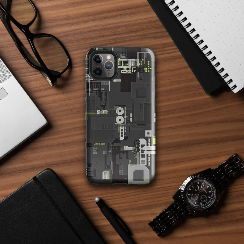 Glossy Circuit City Tough Case for iPhone — top-down industrial blueprint with dense mechanical panels, circuit traces