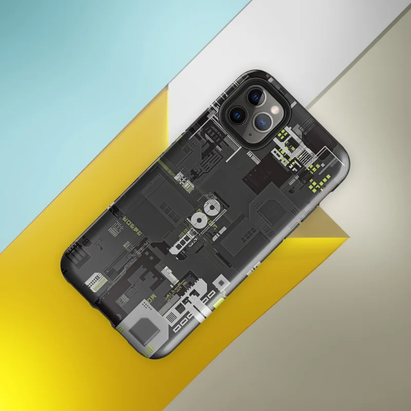 Glossy Circuit City Tough Case for iPhone — top-down industrial blueprint with dense mechanical panels, circuit traces