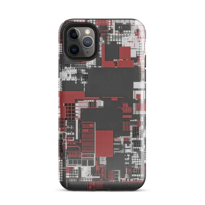 aerial view of a dense abstract cityscape in crimson red, charcoal, and white with overlapping grids and architectural forms on Glossy Circuit City Chaos Case - default view