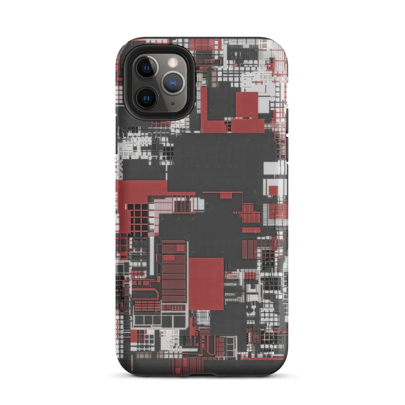 Matte Circuit City Chaos Tough Case for iPhone — aerial view of a dense abstract cityscape in crimson red, charcoal