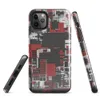 Glossy Circuit City Chaos Tough Case for iPhone — aerial view of a dense abstract cityscape in crimson red, charcoal