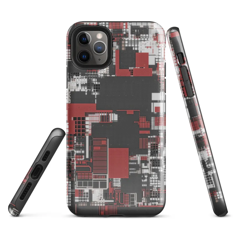 Glossy Circuit City Chaos Tough Case for iPhone — aerial view of a dense abstract cityscape in crimson red, charcoal