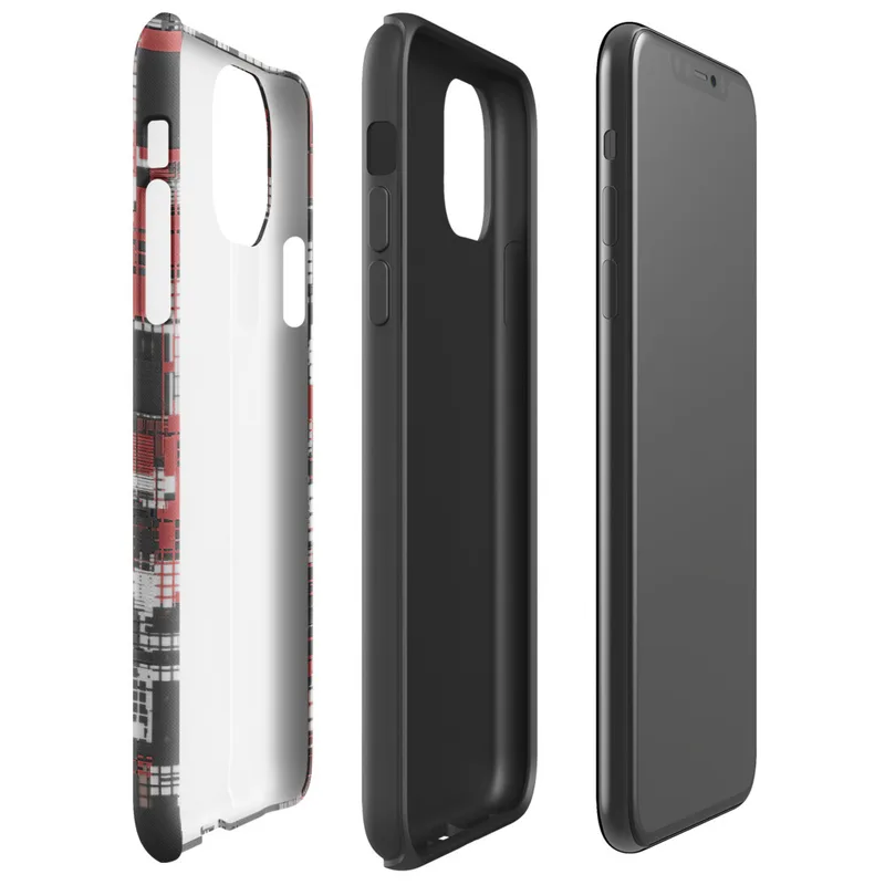 Glossy Circuit City Chaos Tough Case for iPhone — aerial view of a dense abstract cityscape in crimson red, charcoal
