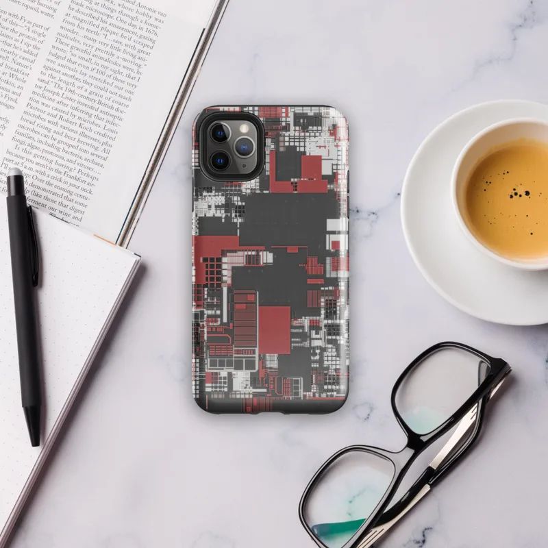 Glossy Circuit City Chaos Tough Case for iPhone — aerial view of a dense abstract cityscape in crimson red, charcoal