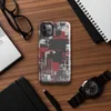 Glossy Circuit City Chaos Tough Case for iPhone — aerial view of a dense abstract cityscape in crimson red, charcoal