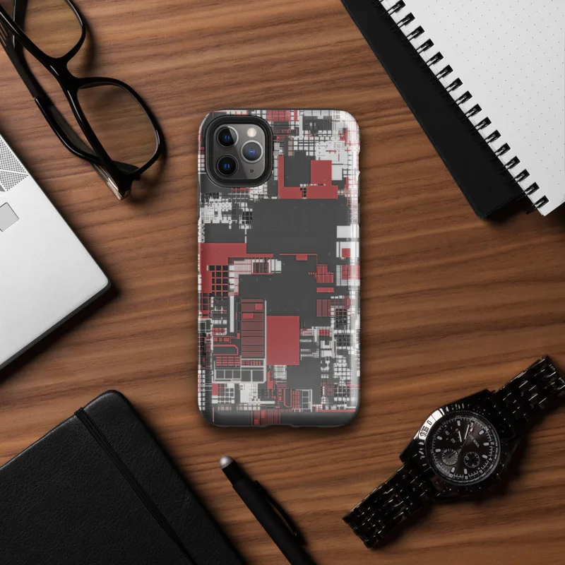 Glossy Circuit City Chaos Tough Case for iPhone — aerial view of a dense abstract cityscape in crimson red, charcoal