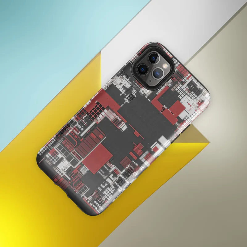 Glossy Circuit City Chaos Tough Case for iPhone — aerial view of a dense abstract cityscape in crimson red, charcoal