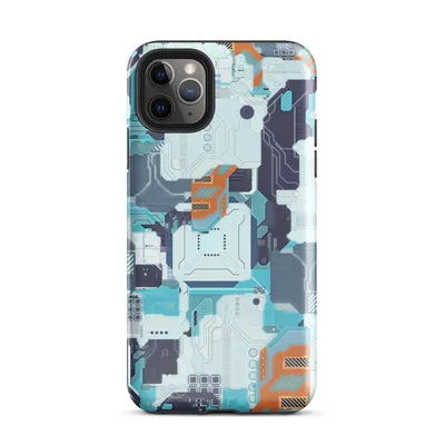 dense layered circuit board camouflage pattern in cyan, navy, and orange with microchip clusters and data trace lines on Glossy Circuit City Tech Camo Case - default view
