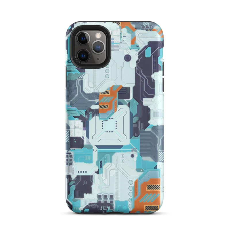 Matte Circuit City Tech Camo Tough Case for iPhone — dense layered circuit board camouflage pattern in cyan, navy