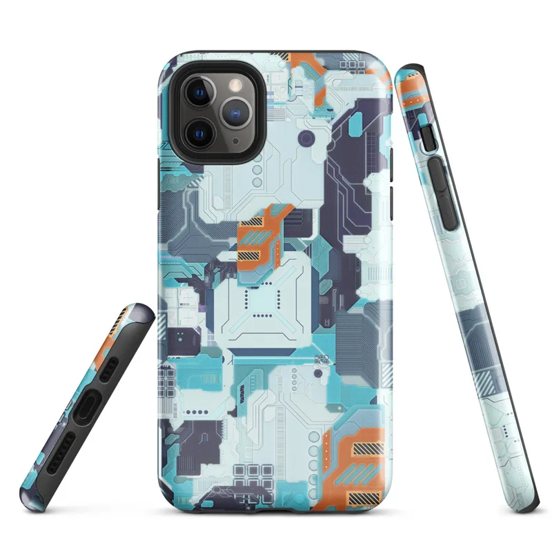 Glossy Circuit City Tech Camo Tough Case for iPhone — dense layered circuit board camouflage pattern in cyan, navy