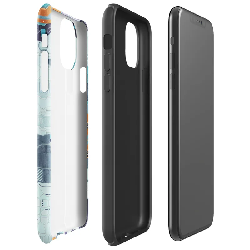 Glossy Circuit City Tech Camo Tough Case for iPhone — dense layered circuit board camouflage pattern in cyan, navy