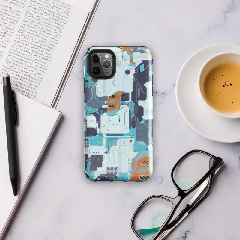 Glossy Circuit City Tech Camo Tough Case for iPhone — dense layered circuit board camouflage pattern in cyan, navy