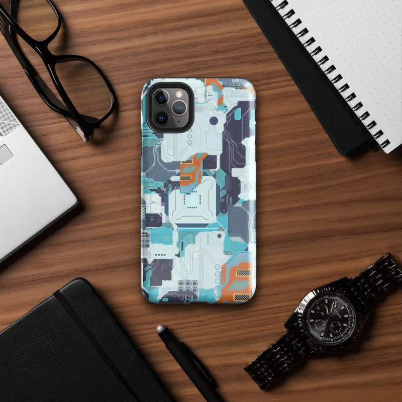 Glossy Circuit City Tech Camo Tough Case for iPhone — dense layered circuit board camouflage pattern in cyan, navy