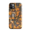 Glossy Circuit Camo Tech Fortress Tough Case for iPhone — dense camouflage pattern of orange and charcoal mechanical circuit